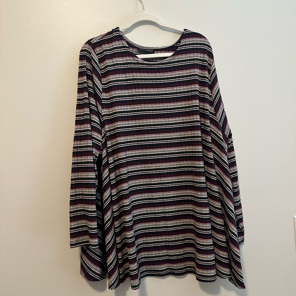 Lane Bryant White Black Maroon Striped Long Sleeve Top Size 26/28